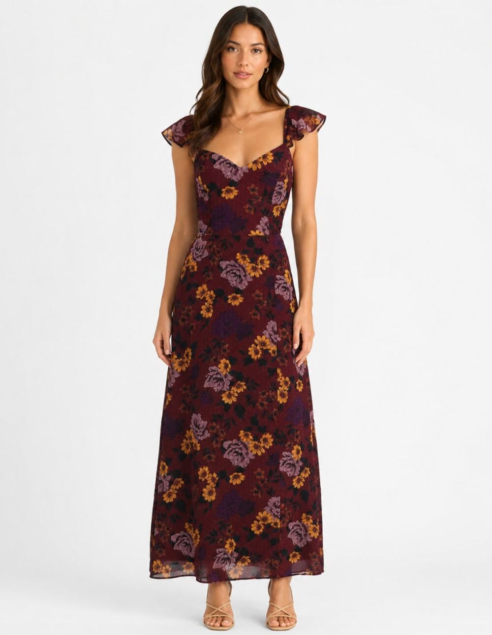 THE GENERAL GOOD Womens Floral Maxi Dress Small Dark Red Cap Sleeve NWOT